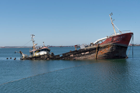 Saldanha South Africa. 18/02/24.  Fishing boat sunk on Saldanha harbour on the west coast of South Africa