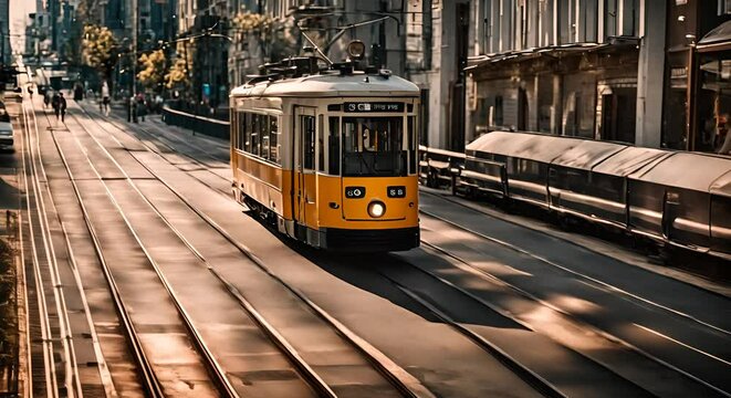 Yellow tram in a city.