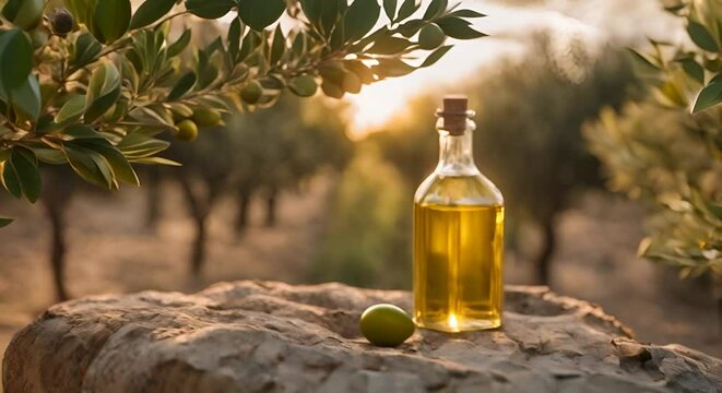 Bottles of olive oil in an olive plantation.