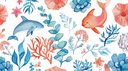 Watercolor seamless pattern with whimsical marine life and coral flowers.