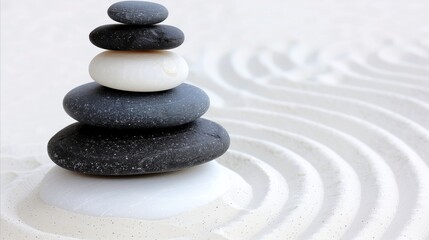 Fototapeta na wymiar Zen stones in perfect balance on serene sandy background