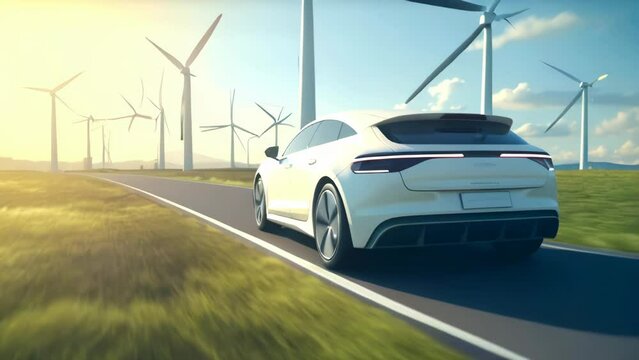 Electric vehicles and wind farms. The concept of environmentally friendly transport of the future and green energy