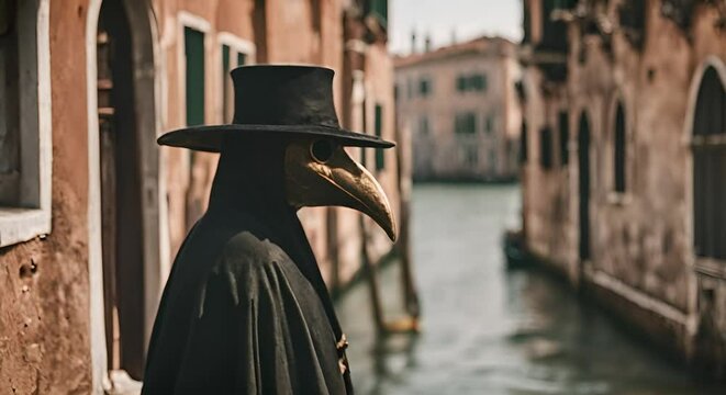 Medieval doctor with black plague mask.