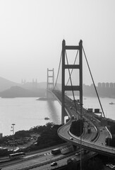 Black and White of foggy Tsing Ma Bridge in Hong Kong