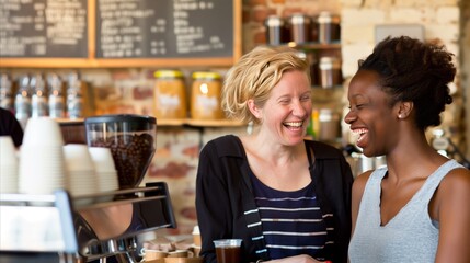 Joyful friends sharing a laugh in a cozy coffee shop
