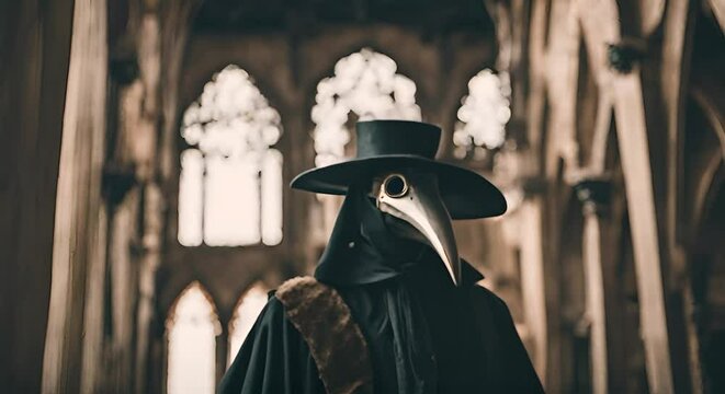 Medieval doctor with black plague mask.