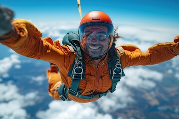 An adrenaline-packed capture of a skydiver in mid-air, clad in an orange suit with clouds in the background