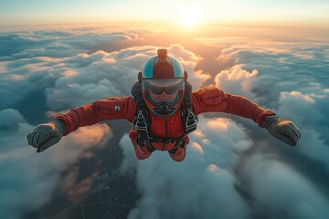 An adventurous skydiver experiences the ultimate adrenaline rush while plummeting towards the earth against the backdrop of a stunning sunset and fluffy clouds - obrazy, fototapety, plakaty