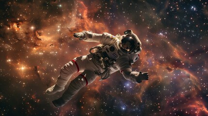 An astronaut floating weightlessly in space,  surrounded by stars and distant galaxies. The - obrazy, fototapety, plakaty