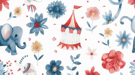 Whimsical watercolor seamless pattern featuring circus elements and flowers. - obrazy, fototapety, plakaty