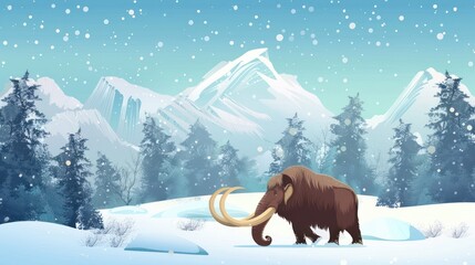 illustration of a mammoth walking in the snow in winter with trees and white mountains in the background. 