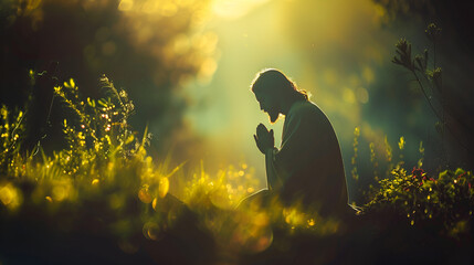 Silhouette of Jesus in intense prayer and supplication before betrayal and crucifix in the garden of Gethsemane, copy space  - obrazy, fototapety, plakaty