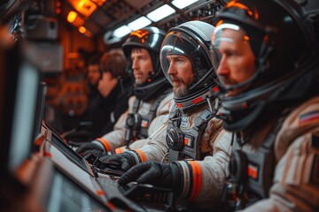 Obraz premium Team of astronauts in full gear using control panels inside a spacecraft featuring meticulous detail and futuristic design