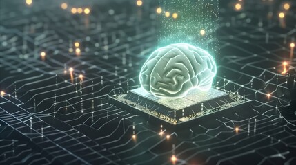 Futuristic Brain on a Circuit Board Illustrating Machine Learning