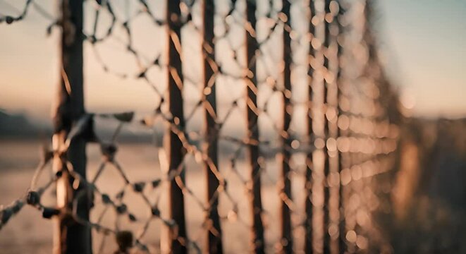 Fence on a border at sunset.