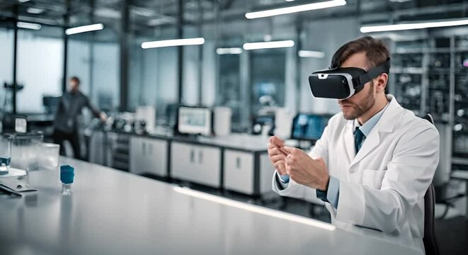 Scientist with VR glasses in the laboratory.