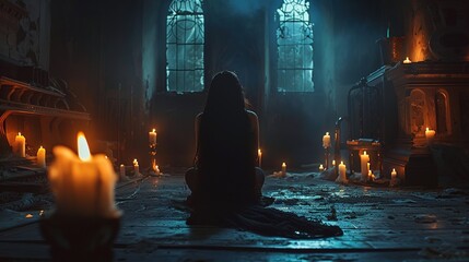 Mysterious woman in a dark room with candles. Halloween