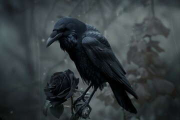 Fototapeta premium black raven crow bird and black rose flower. 