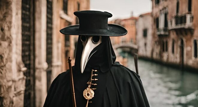 Medieval doctor with black plague mask.