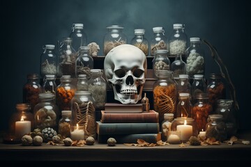 Skull amid jars with mysterious contents