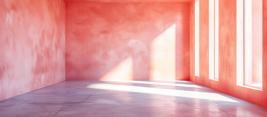 empty modern room of peach fuzz color wall with concrete floor concept background