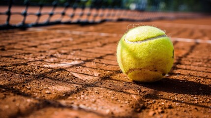 Close-up of tennis ball on clay court with net in background - obrazy, fototapety, plakaty