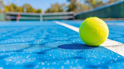 Bright tennis ball on a blue court with blurred background - obrazy, fototapety, plakaty