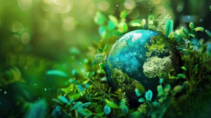 The concept of Earth Day is depicted with a Green Ball with various kinds of plants.