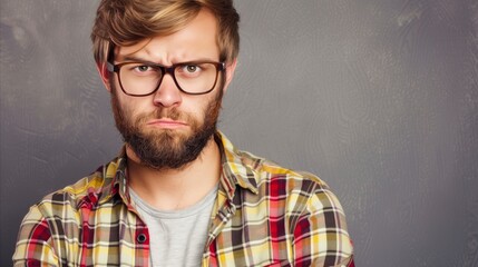 Young man with a confused expression in casual attire - obrazy, fototapety, plakaty