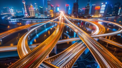 Fototapeta na wymiar Bustling cityscape with illuminated highways at night