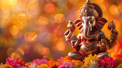 Illustration of a lucky Ganesha statue in the spirit of Indian New Year. - obrazy, fototapety, plakaty