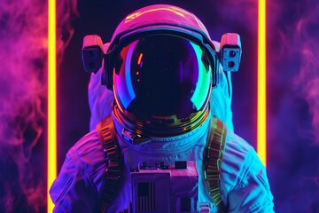 Naklejka premium Futuristic Astronaut retro neon. Spaceman event. Generate Ai