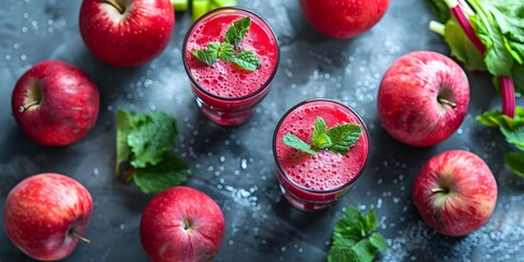 Fresh and colorful detox juice made from beets apples and celery . Concept Detox Juices, Healthy Living, Vibrant Ingredients, Nutrient-Rich Beverages, Homemade Juice