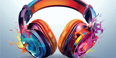 Colorful 3D headphones in splashes of paint logo art illustration vector. Stylish gaming headphones print on clothes, fabric and paper. Gadget for listening to music.