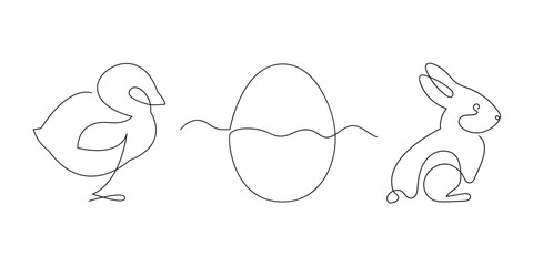 Easter set drawn in one continuous line in color. One line drawing, minimalism. Vector illustration.
