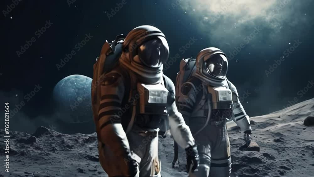 Poster astronaut in a spacesuit on an asteroid or planet moon in outer space. ai generated
