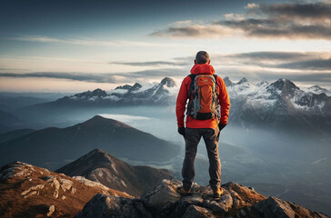 Tourist with backpack, man on top at sunset surrounded by mountains. Concept: Success Business Leadership, Winner Sports and Active Life 