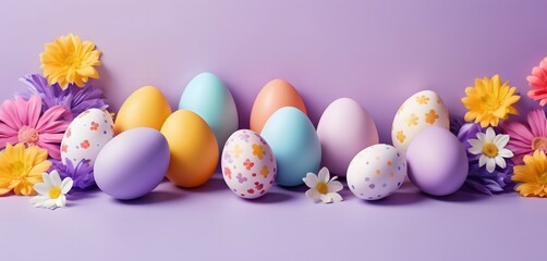 Easter eggs and flowers on a purple background. Easter day banner