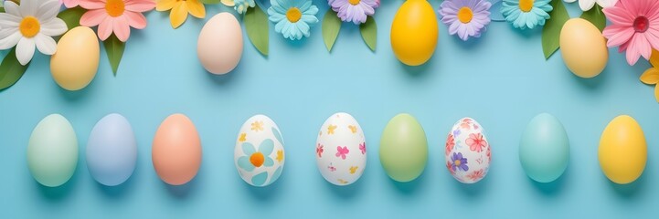 Fototapeta na wymiar Easter eggs and flowers on a blue background. Easter day banner