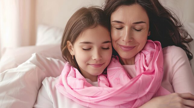 close-up photo of mother hugging her daughter in the bedroom is a happy moment at home. a symbol of a mother's love for her daughter.