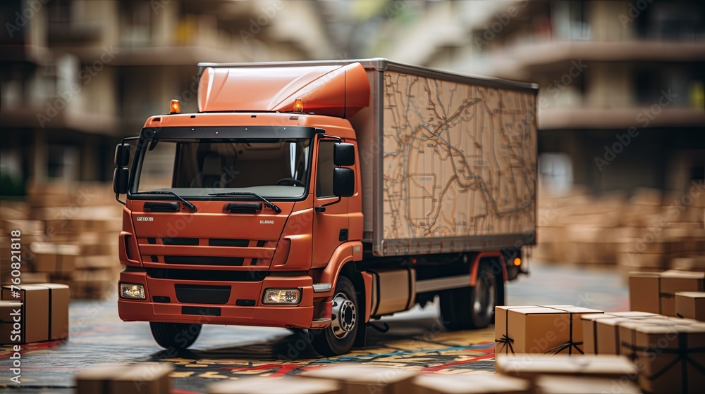 Poster distribution and delivery concept. gps tracking from top view moving truck with container on a map. 