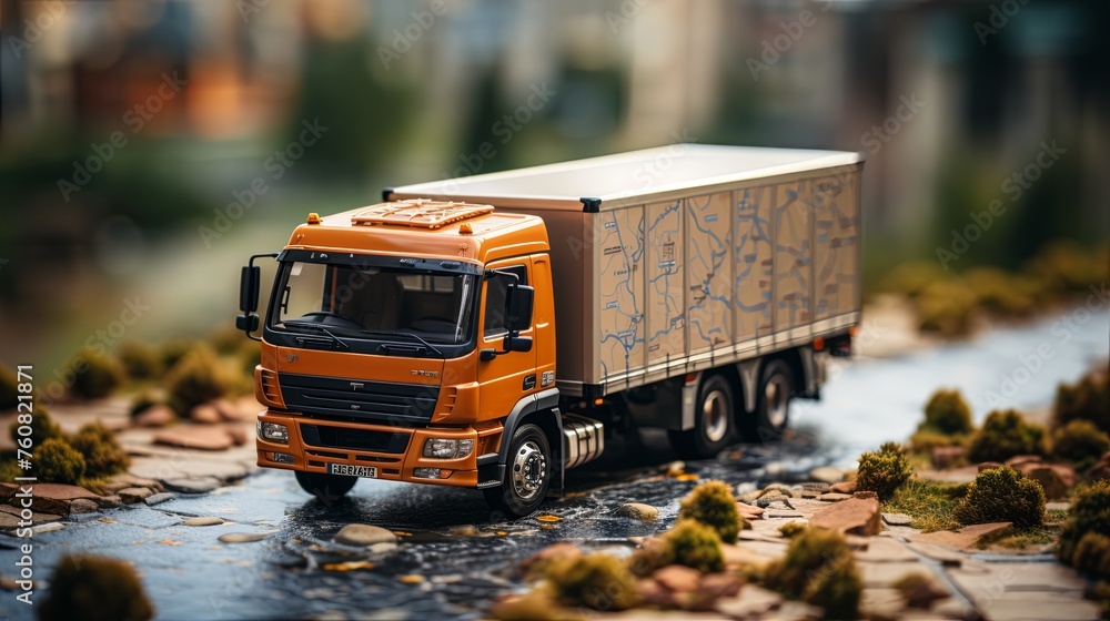 Poster distribution and delivery concept. gps tracking from top view moving truck with container on a map. 