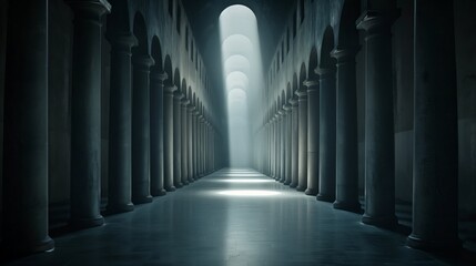 Mystical ancient corridor with aligned columns and light