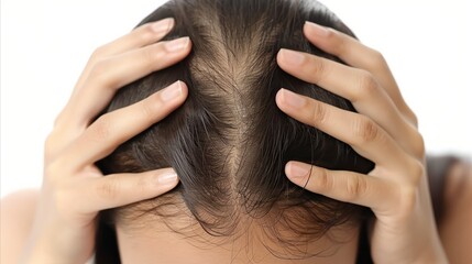 Naklejka premium Concerned woman examining her hair loss problem closely