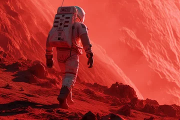 Papier Peint photo Rouge Adventurous Astronaut red planet. Future martian surface. Generate Ai