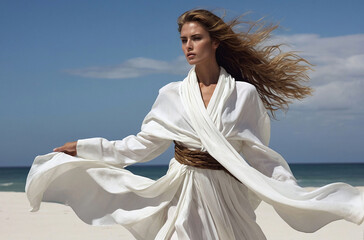 Fototapeta na wymiar A woman in a white dress on the beach with her hair blowing in the wind