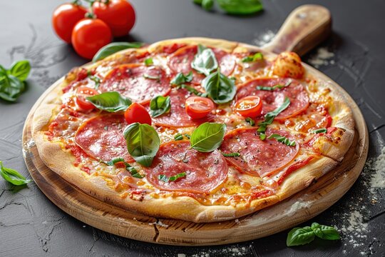 Pizza with salami, tomatoes and basil on a dark background