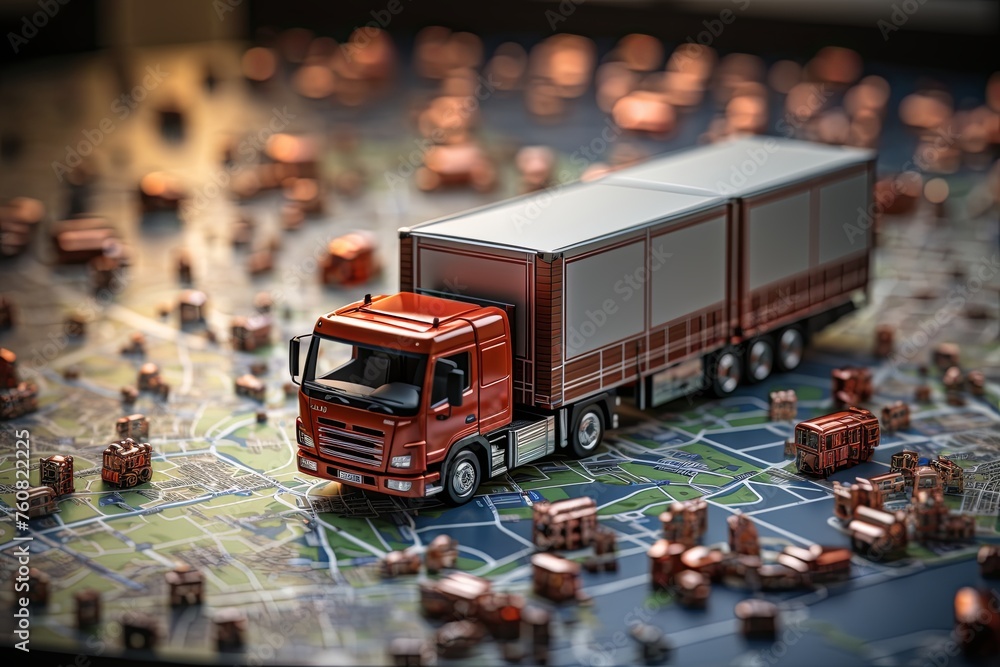 Poster distribution and delivery concept. gps tracking from top view moving truck with container on a map. 