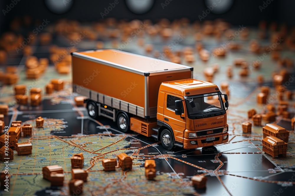 Poster distribution and delivery concept. gps tracking from top view moving truck with container on a map. 
