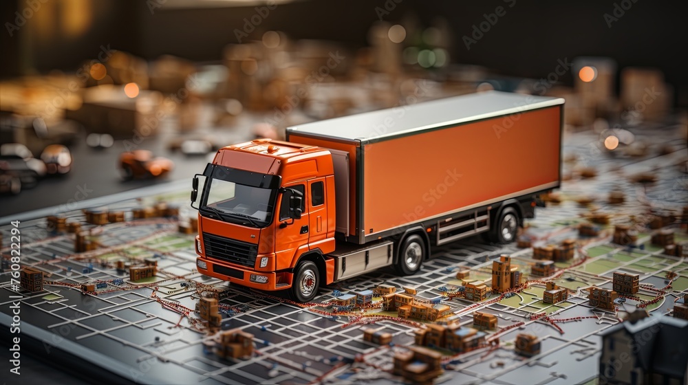 Poster distribution and delivery concept. gps tracking from top view moving truck with container on a map. 